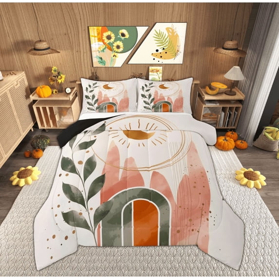 Feelyou Vintage Minimalism Bedding Comforter Set for Adult, Mid Century Fashion Twin Comforter Sets, Moon Leaf Plant Reversible Bedding Set, Breathable Home Decor, 2-Piece