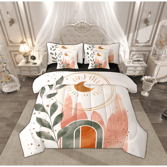 Feelyou Vintage Minimalism Twin Bedding Sets 7-Piece for Adult, Mid Century Fashion Bedding Comforter Set, Moon Leaf Plant Reversible Sheet Sets, Breathable Home Decor