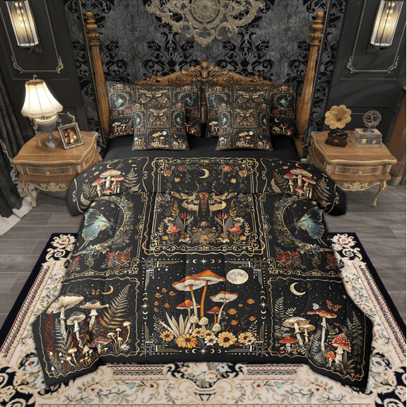 Feelyou Vintage Mushroom Bedding Comforter Set 7-Piece, Tropical Flower Full Bedding Set, Boho Moth Moon Print Fitted Sheet Flat Sheet