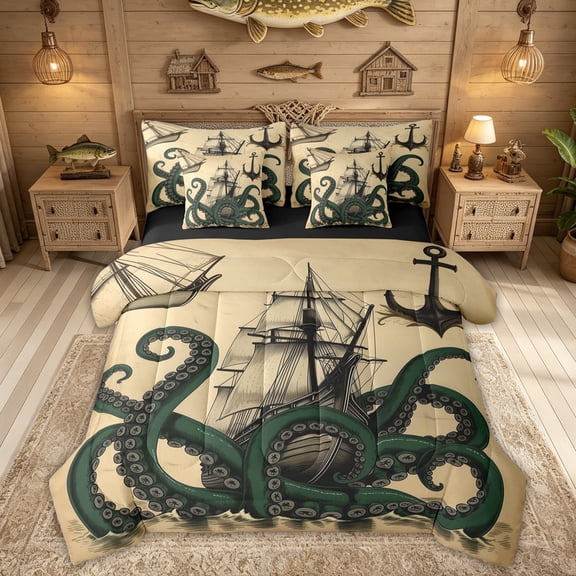 Feelyou Vintage Octopus Ship Anchor Twin Bedding Sets for Men Kids, Nautical Sea Sail Adventure Bedding Comforter Set, Beige, Black Reversible, 7-Piece