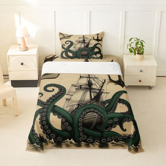 Feelyou Vintage Octopus Ship Anchor Twin Sheet Sets for Men Kids, Nautical Sea Sail Adventure Bedding, Beige, 3-Piece