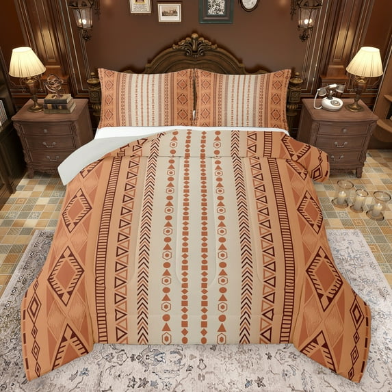 Feelyou Vintage Orange Aztec Bedding Comforter Set, Mid Century Fashion Twin Comforter Sets, Teens Adult Women Men Reversible Bedding Set, Ultra Soft Bedroom Decor, 2 Pieces