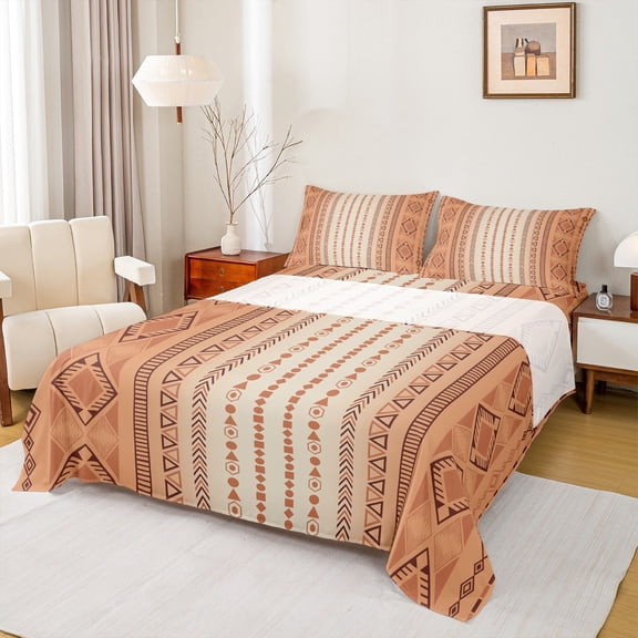 Feelyou Vintage Orange Aztec Twin Sheet Sets, Mid Century Fashion Twin Fitted Sheet, Teens Adult Women Men Flat Sheet, Ultra Soft Bedroom Decor, 3 Pieces