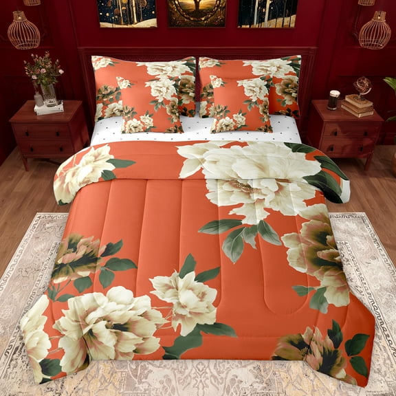 Feelyou Vintage Orange Floral Bedding Comforter Set 7pcs, Western Rustic Flower Queen Bedding Sets, French Fashion Style Reversible Queen Sheet Sets, Super Cozy Room Decor