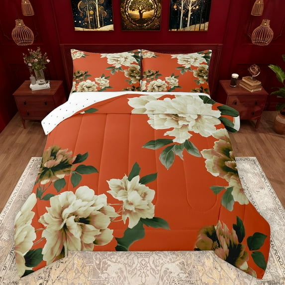 Feelyou Vintage Orange Floral Bedding Comforter Set, Western Rustic Flower Twin Comforter Sets, French Fashion Style Reversible Bedding Set, Super Cozy Room Decor, 2pcs