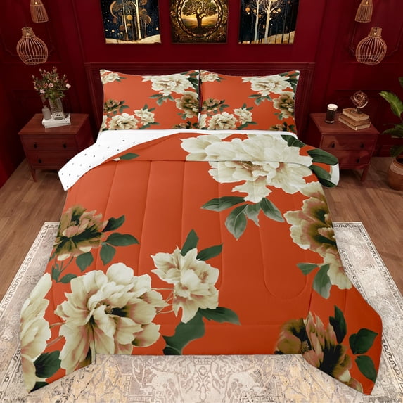 Feelyou Vintage Orange Floral Queen Comforter Set, Western Rustic Flower Bedding Sets, French Fashion Style Reversible Bedding Comforter Set, Super Cozy Room Decor, 3pcs
