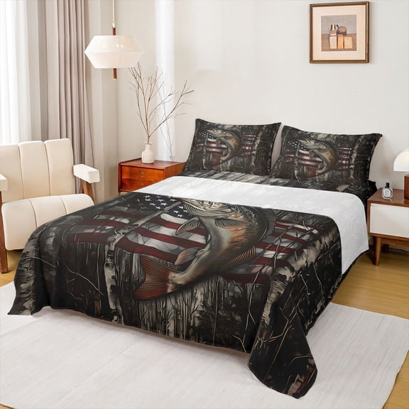 Feelyou Vintage Pike Fish Wildlife Full Size Sheets for Men Boys, USA Flag Wooden Plank Bed Sheets, Black Grey, 4pcs
