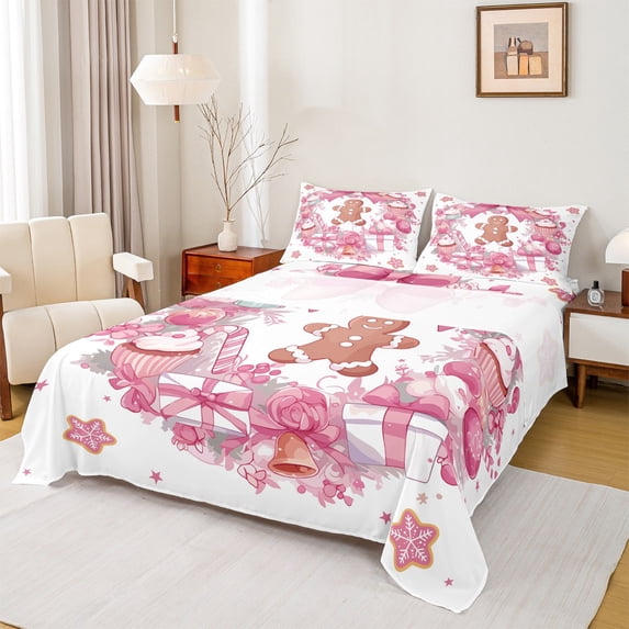 Feelyou Vintage Pink Bowknot Bed Sheets for Girls, Romantic Christmas Rose King Sheets, Winter Stars Snowflake Sheet Set, Ultra Soft Home Decor, 4-Piece