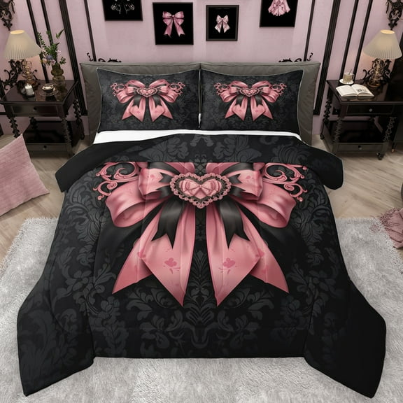 Feelyou Vintage Pink Bowknot Bedding Comforter Set for Women, Tribal Damask Flower Twin Comforter Sets, Wester Old Fashion Reversible Bedding Set, Breathable Home Decor, 2pcs
