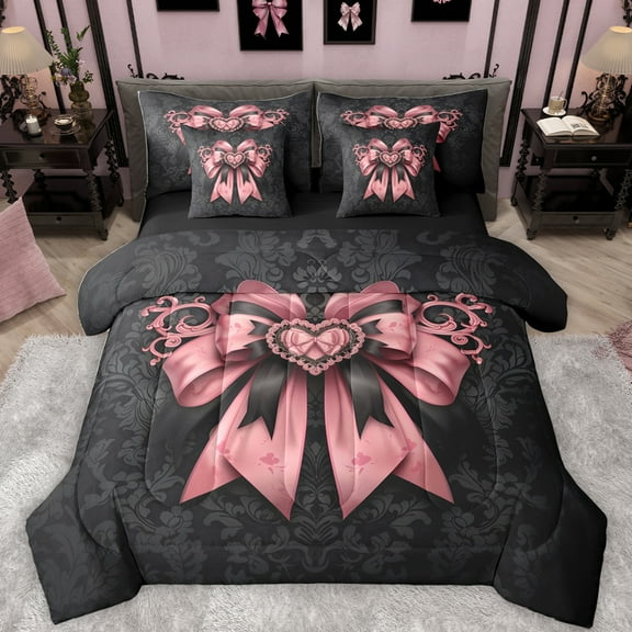 Feelyou Vintage Pink Bowknot Twin Bedding Sets 7-Piece for Women, Tribal Damask Flower Bedding Comforter Set, Wester Old Fashion Reversible Sheet Sets, Breathable Home Decor