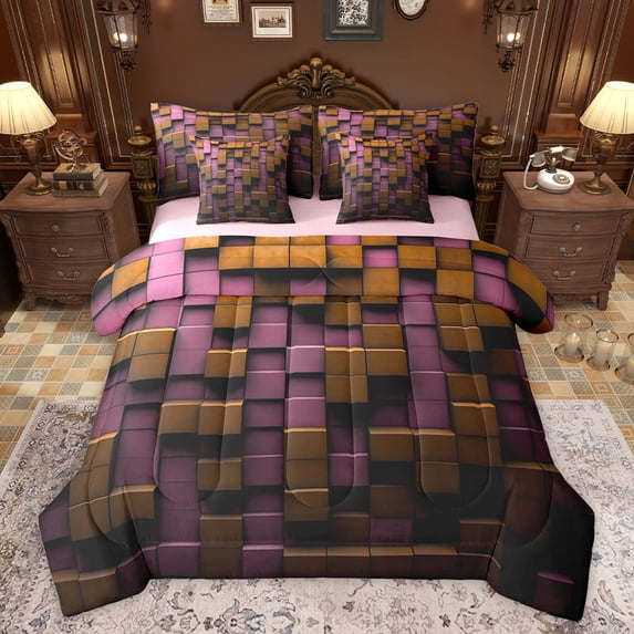Feelyou Vintage Pixelate Miner Bedding Comforter Set 7 Pieces, Honeycomb Square Full Bedding Set, Chic Lattice Abstract Reversible Fitted Sheet Flat Sheet, Lightweight Room Decor