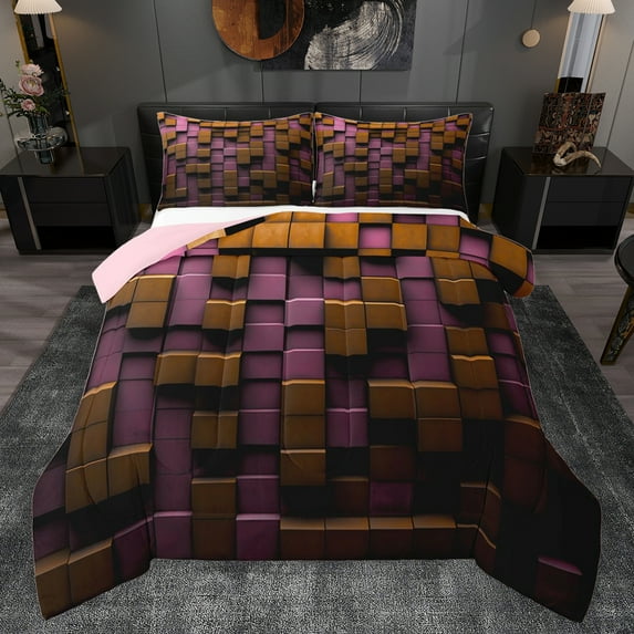 Feelyou Vintage Pixelate Miner Full Size Comforter Sets, Honeycomb Square Bedding Comforter Set, Chic Lattice Abstract Reversible Bedding Sets, Lightweight Room Decor, 3-Piece