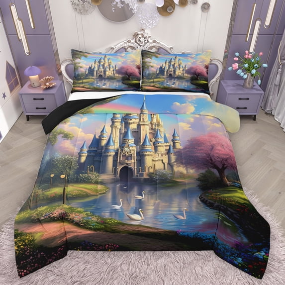 Feelyou Vintage Princess Castle Queen Comforter Set, Dreamy Fairy Tale Bedding Sets, Teens Kids Girls Women Reversible Bedding Comforter Set, Luxury Bedroom Decor, 3pcs