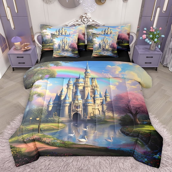 Feelyou Vintage Princess Castle Twin Bedding Sets 7-Piece, Dreamy Fairy Tale Bedding Comforter Set, Teens Kids Girls Women Reversible Sheet Sets, Luxury Bedroom Decor