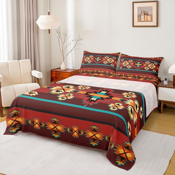 Feelyou Vintage Red Aztec Twin Sheet Sets, Hippie Southwestern Bedding, 3 Pieces