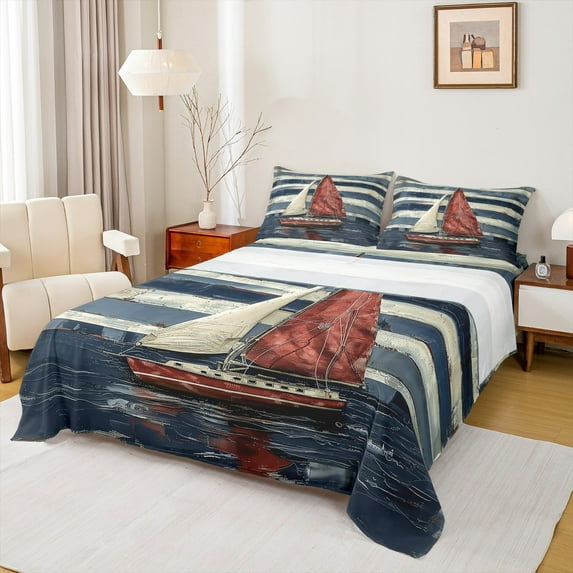 Feelyou Vintage Red Sailboat Queen Sheet Sets, Rustic Lodge Cabin Flat Sheet, Teens Boys Girls Kids Queen Fitted Sheet, Super Cozy Room Decor, 4-Piece