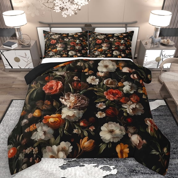 Feelyou Vintage Rustic Flower Queen Comforter Set, Oil Printing Artwork Bedding Sets, Teens Adult Women Girls Reversible Bedding Comforter Set, Microfiber Bedroom Decor, 3-Piece
