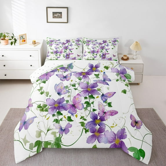 Feelyou Vintage Rustic Flower Queen Comforter Set, Purple Romantic Butterfly Bedding Sets, Western Countryside Reversible Bedding Comforter Set, Luxury Bedroom Decor, 3pcs