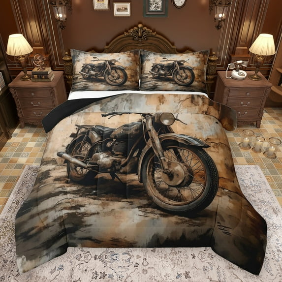 Feelyou Vintage Rustic Motorcycle Full Size Comforter Sets, Farmhouse Vehicle Bedding Comforter Set, Brown Retro Watercolor Reversible Bedding Sets, Super Cozy Room Decor, 3 Pieces