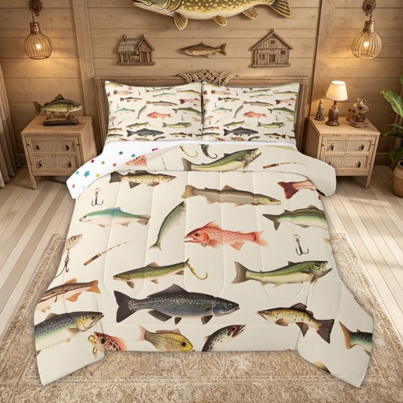Feelyou Vintage Rustic Pike Fish Queen Comforter Set for Men Kids, Retro Fishing Bedding Comforter Set, Beige, Polkadot Reversible, 3pcs