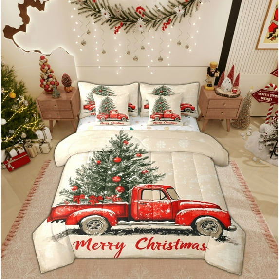 Feelyou Vintage Rustic Truck Bedding Comforter Set 7pcs, Christmas Tree Gift Queen Bedding Sets, Winter Snowflake Reversible Queen Sheet Sets, Ultra Soft Home Decor