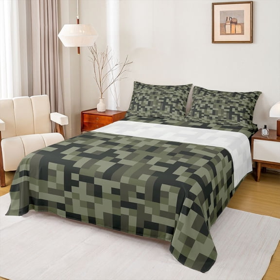 Feelyou Vintage Square Abstract Queen Sheet Sets, Pixel Grid Miners Bed Set, 4 Pieces