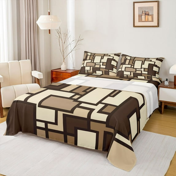 Feelyou Vintage Square Adult Full Size Sheets, Brown Abstract Ombre Bed Sheets, 4 Pieces