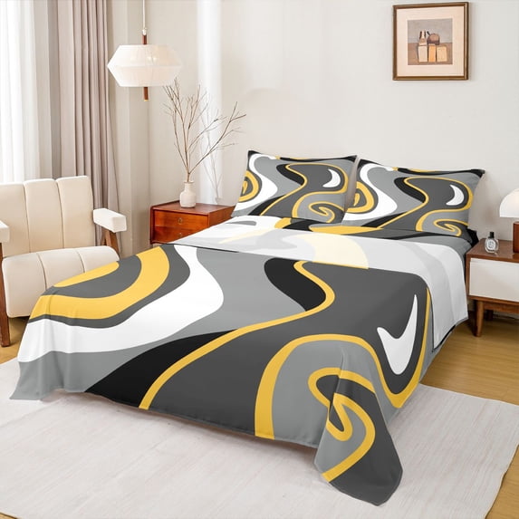 Feelyou Vintage Square Adult Full Size Sheets, Grey Abstract Ombre Bed Sheets, 4pcs