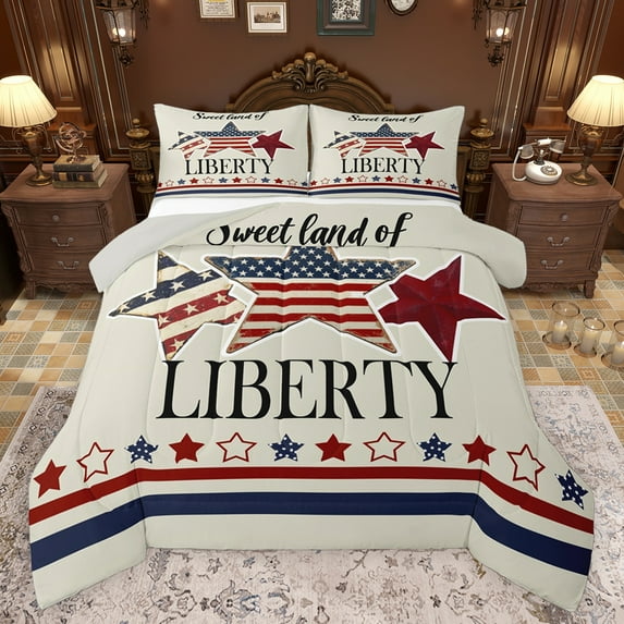 Feelyou Vintage Texas Stars Full Size Comforter Sets for Kids, American July Fourth Bedding Comforter Set, Cartoon US Flag Reversible Bedding Sets, Super Cozy Room Decor, 3pcs