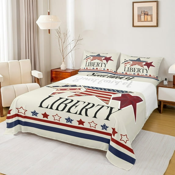Feelyou Vintage Texas Stars Queen Sheet Sets for Kids, American July Fourth Flat Sheet, Cartoon US Flag Queen Fitted Sheet, Super Cozy Room Decor, 4pcs