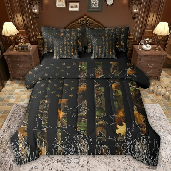 Feelyou Vintage US Flag Twin Bedding Sets 7-Piece for Teens, Leaf Branches Botanical Bedding Comforter Set, Wildlife Duck Reversible Sheet Sets, Breathable Home Decor