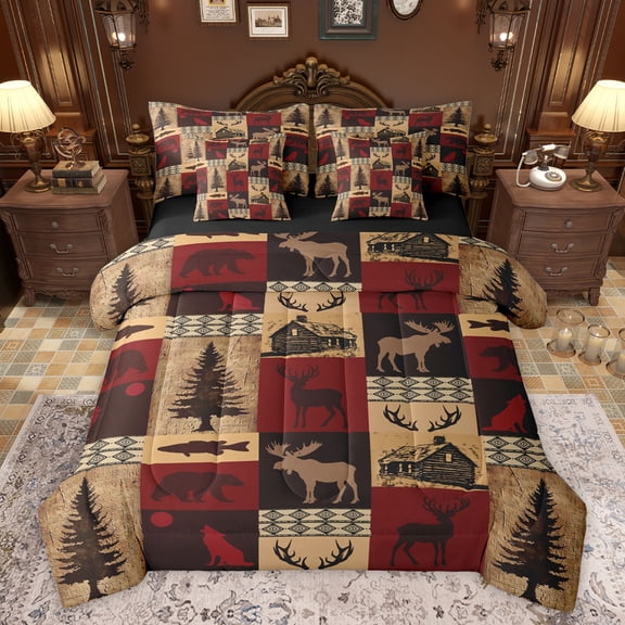 Feelyou Retro Western Cabin Comforter Set 7pcs, Rustic Moose Animal Queen Bedding Sets