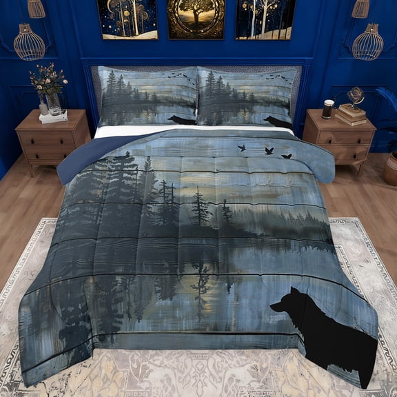 Feelyou Vintage Western Cabin Bedding Comforter Set, Wolf Animal Twin Comforter Sets, Rustic Farmhouse Theme Reversible Bedding Set, Breathable Home Decor, 2-Piece