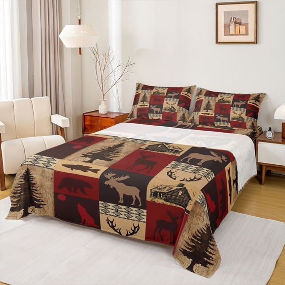 Feelyou Vintage Western Cabin Queen Sheet Sets, Rustic Elk Moose Animal Flat Sheet, Jungle Tree Plant Queen Fitted Sheet, Luxury Bedroom Decor, 4-Piece