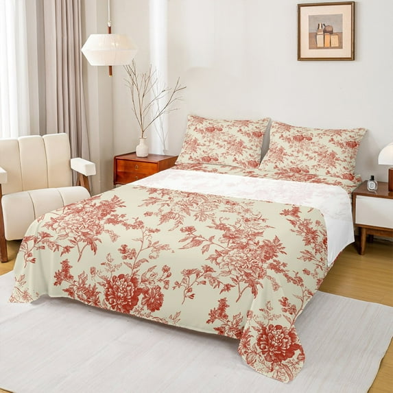 Feelyou Vintage Western Floral Queen Sheet Sets, Rustic Farmhouse Flat Sheet, Teen Child Kid Adult Queen Fitted Sheet, Ultra Soft Home Decor, 4pcs