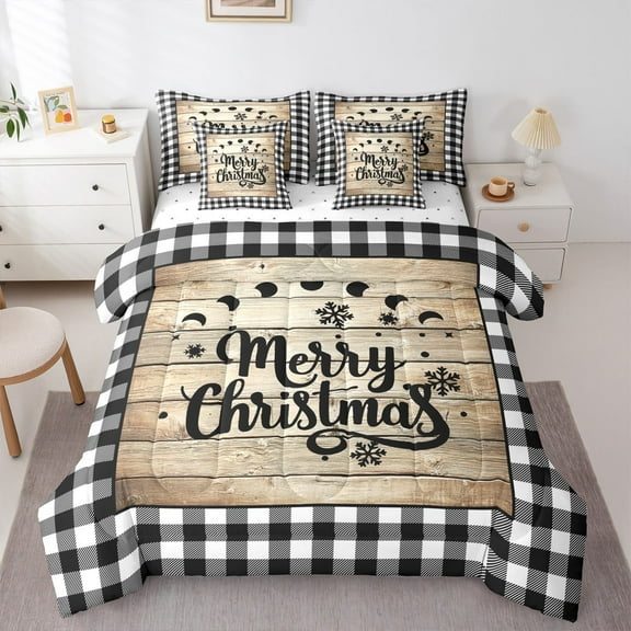 Feelyou Vintage Western Lake House Bedding Comforter Set 7-Piece, Rustic Plaid Buffalo King Bedding Sets, Merry Christmas Bed Sheets, Lightweight Room Decor