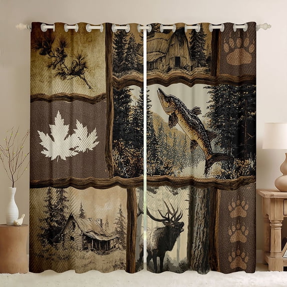 Feelyou Vintage Wood Deer Pike Fishing Blackout Curtains Set of 2 (52x84 Each) for Men Boys, Rustic Cabin Pine Tree Wildlife Window Curtains, Brown