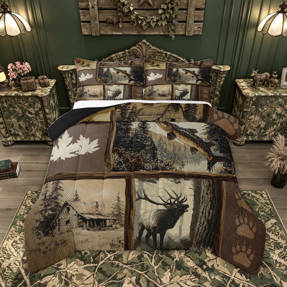 Feelyou Vintage Wood Deer Pike Fishing Queen Comforter Set for Men Boys, Rustic Cabin Pine Tree Wildlife Bedding Comforter Set, Brown, Black Reversible, 3pcs
