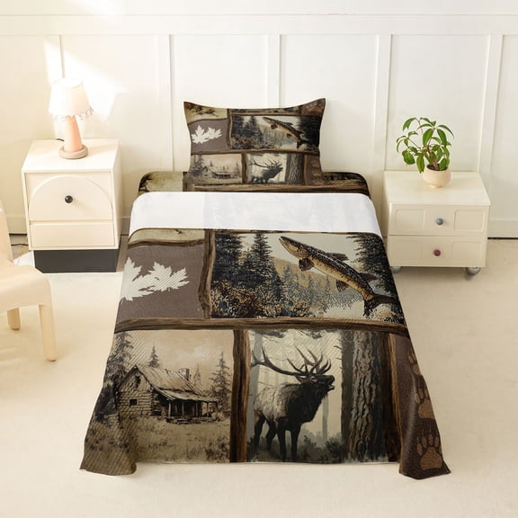 Feelyou Vintage Wood Deer Pike Fishing Twin Sheet Sets for Men Boys, Rustic Cabin Pine Tree Wildlife Bedding, Brown, 3pcs