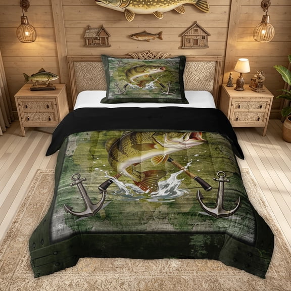 Feelyou Vintage Wood Plank Bass Fish Anchor Twin Comforter Sets for Men Women, Nautical Sea Marine Bedding Set, Green Brown, Black Reversible, 2 Pieces
