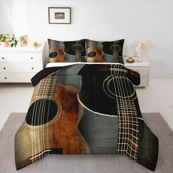 Feelyou Vintage Wooden Guitar Bedding Comforter Set, Pop Hip Hop Music Twin Comforter Sets, Teen Boy Girl Kid Reversible Bedding Set, Luxury Bedroom Decor, 2 Pieces