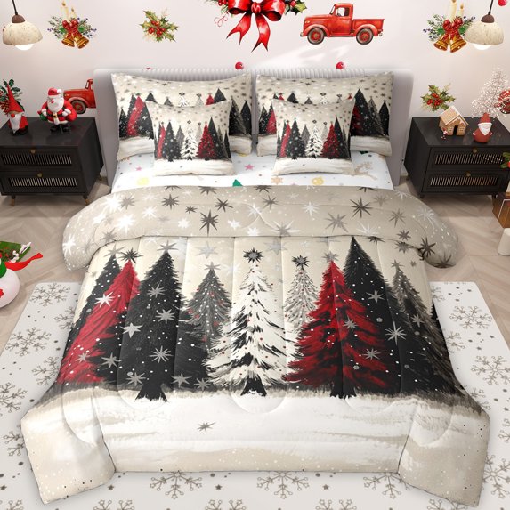 Feelyou Vintage Xmas Tree Bedding Comforter Set 7 Pieces for Teens, Winter Christmas Snowflake Full Bedding Set, Happy New Year Reversible Fitted Sheet Flat Sheet, Ultra Soft Bedroom Decor