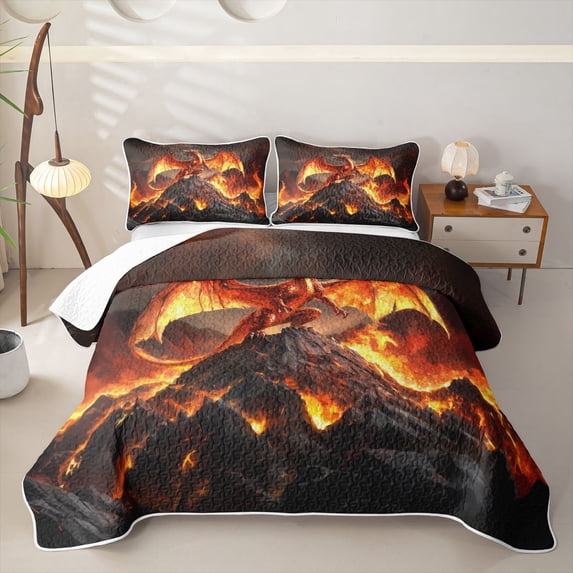 Feelyou Volcano Red Mountain Dragon Twin Quilt Set for Boys Men, Dark Sky Animal Twin Coverlet Set, Orange, 2 Pieces