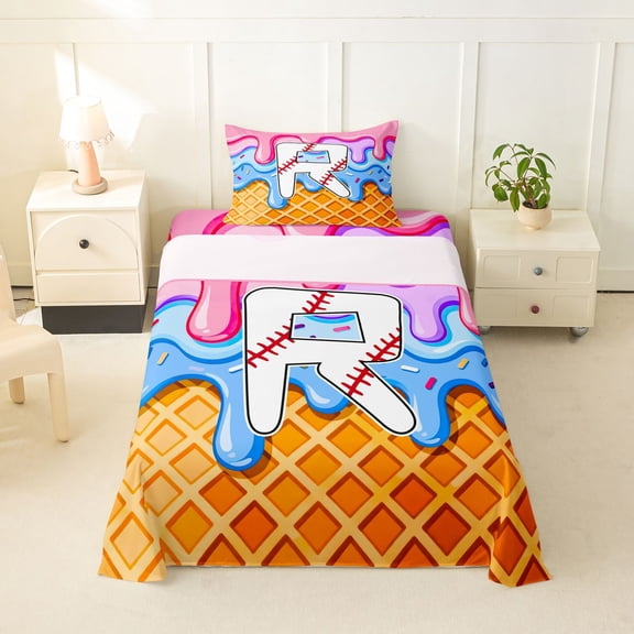 Feelyou Waffle Baseball Letter R Twin Sheets, Sprinkle Ice Cream Drip Bedding, 3 Pieces, 1 Flat Sheet, 1 Fitted Sheet and 1 Pillowcase