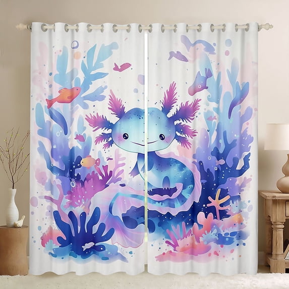 Feelyou Watercolor Axolotl Curtains Pack of 2 (52x84 Each), Blue Ocean Window Curtains