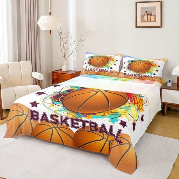 Feelyou Watercolor Basketball Child Twin Sheet Sets, Cartoon Stars Graffiti Twin Fitted Sheet, Est Sleep Sports Flat Sheet, Lightweight Room Decor, 3-Piece