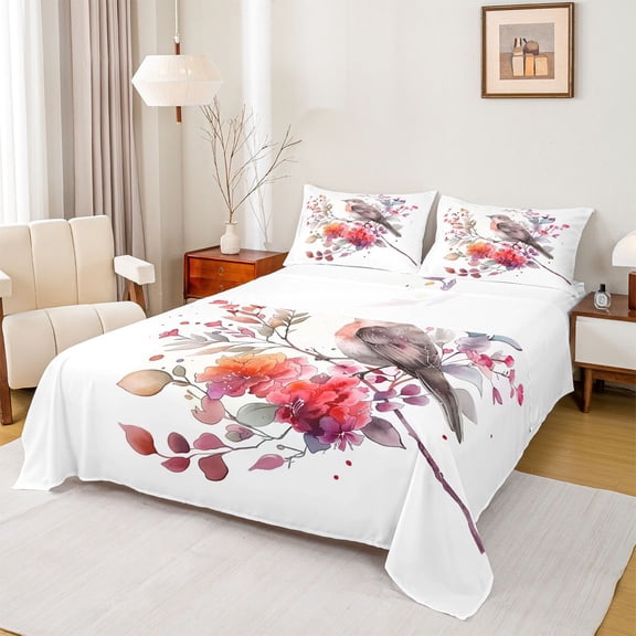 Feelyou Watercolor Birds Teen Bed Sheets, Spring Pink Flower King Sheets, Rustic Animal Sheet Set, Microfiber Bedroom Decor, 4 Pieces
