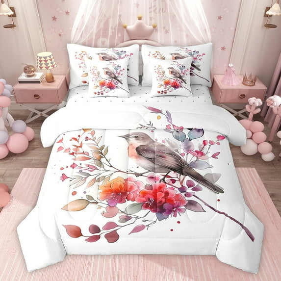 Feelyou Watercolor Birds Teen Bedding Comforter Set 7pcs, Spring Pink Flower Queen Bedding Sets, Rustic Animal Reversible Queen Sheet Sets, Microfiber Bedroom Decor