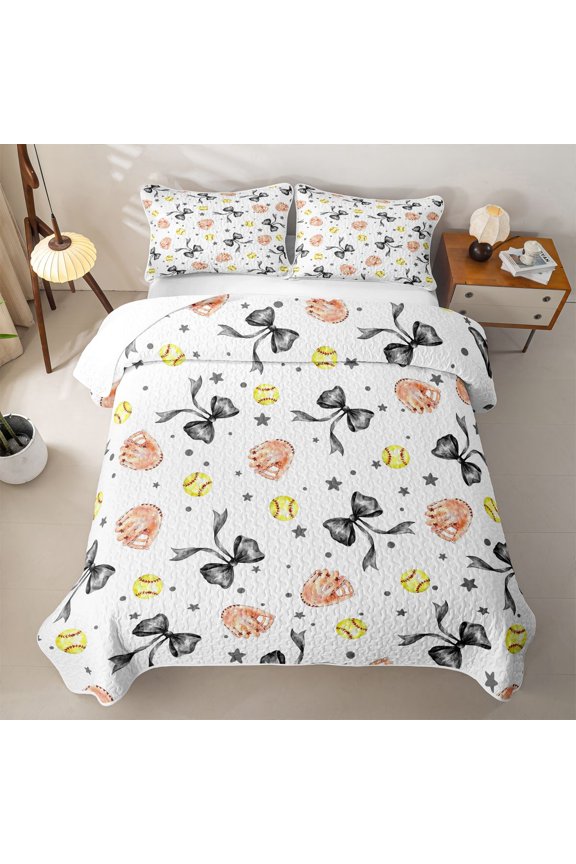 Watercolor Black Bowknot Twin Quilt Set for Girls, Softball Glove Print Twin Coverlet Set, 2 Pieces
