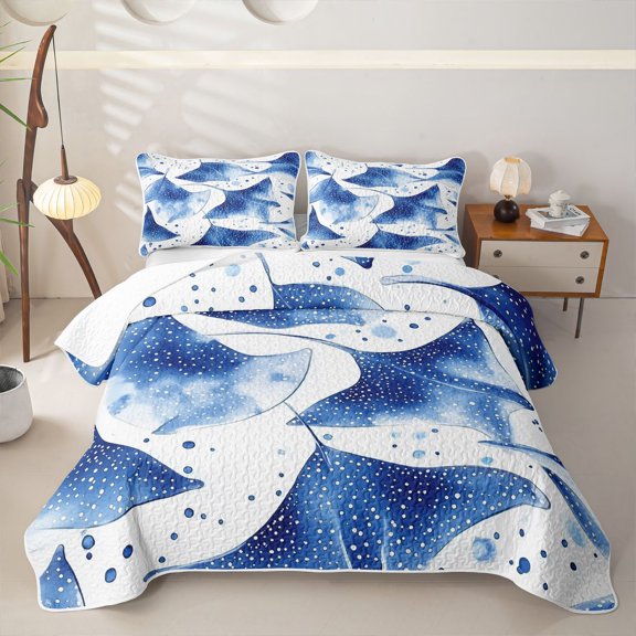 Feelyou Watercolor Blue Spotted Fish Bed Spread Queen for Boys Girls, Dreamy Splash Tropical Animal Queen Coverlet Set, 3-Piece